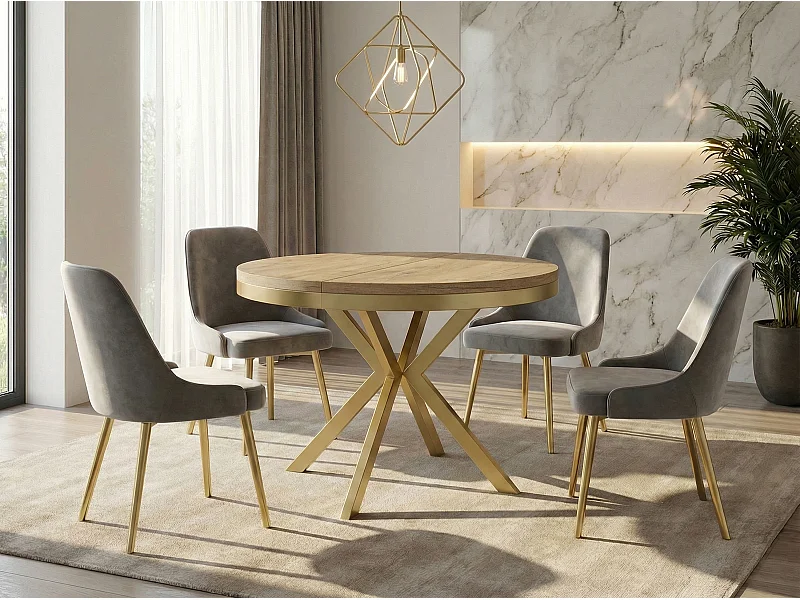 Table à Manger Extensible Ronde - Table Style Loft avec Doré Pieds en Métal - 120 à 200 cm - Table Ronde Style Industriel Pour le Salon - 120 cm - Chêne Lancelot