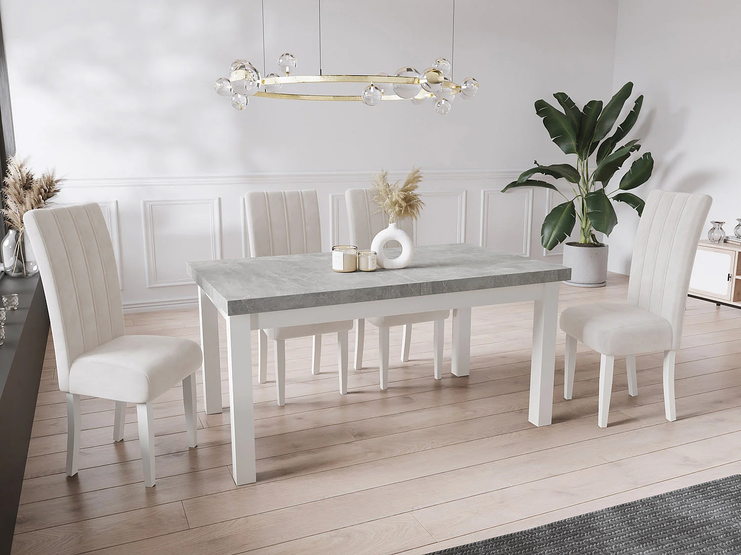 Moderner Rechteckiger Ausziehbarer Esstisch - Platzsparend - Weißen Holzbeine - 140 bis 180 cm - Hergestellt in EU - 140 x 80 cm - Grau Beton