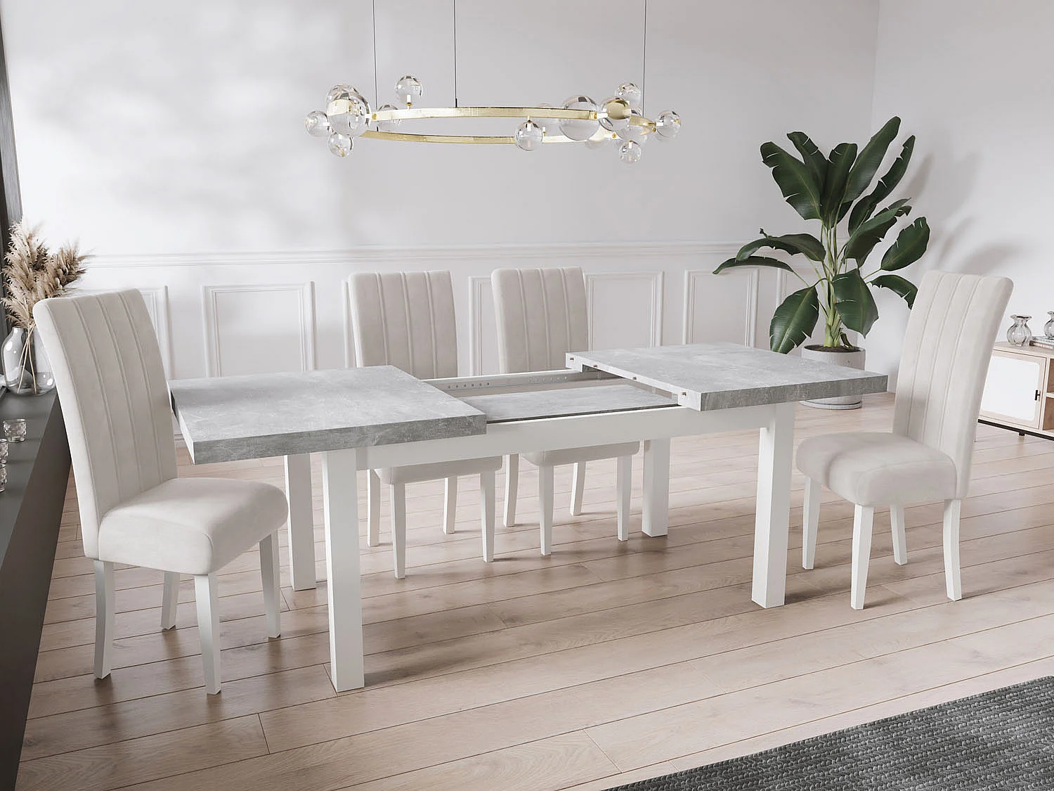 Moderner Rechteckiger Ausziehbarer Esstisch - Platzsparend - Weißen Holzbeine - 140 bis 180 cm - Hergestellt in EU - 140 x 80 cm - Grau Beton