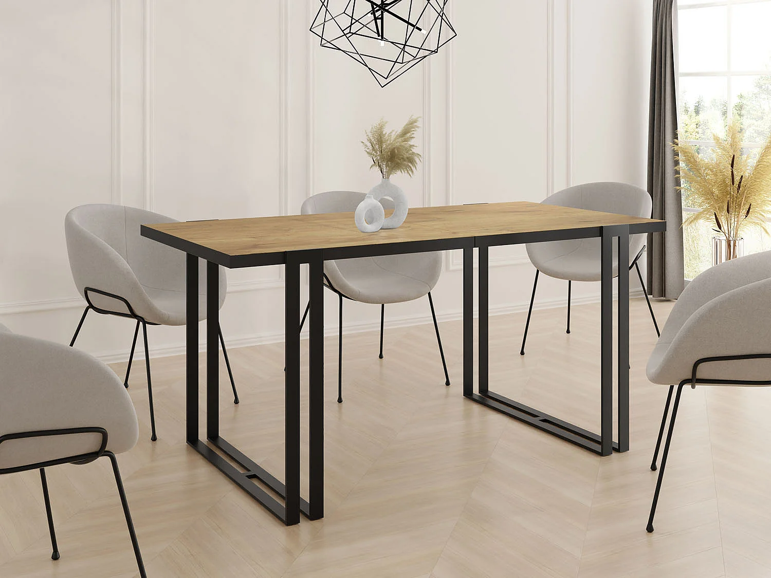 Table à Manger Extensible - Table Style Loft en Métal - Table Style Industriel Pour le Salon - Gain de Place - 160 / 260 cm - Chêne Lancelot - 160 x 80 cm