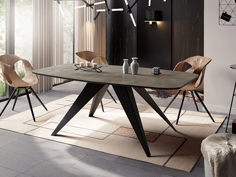 Table à Manger Extensible Style Loft - Table Industrielle avec Pieds Métalliques Noirs - Design Moderne pour Salon - 160 cm extensible à 200 cm - Chicago Concrete