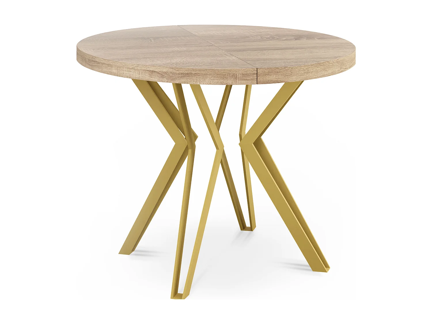 Table Ronde Salle à Manger - 100/176 cm de Diamètre - Table à Rallonges Avec Pieds en Métal Doré - Style Industriel - Compacte - Chêne Sonoma