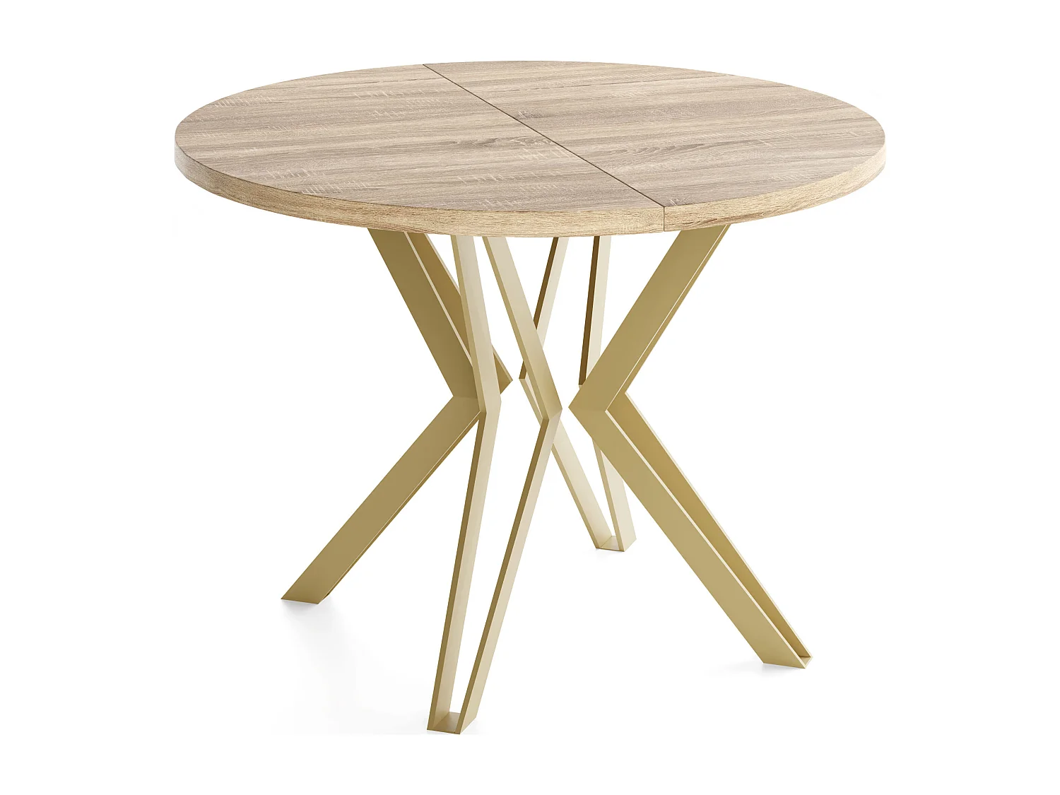 Table Ronde Salle à Manger - 100/176 cm de Diamètre - Table à Rallonges Avec Pieds en Métal Doré - Style Industriel - Compacte - Chêne Sonoma