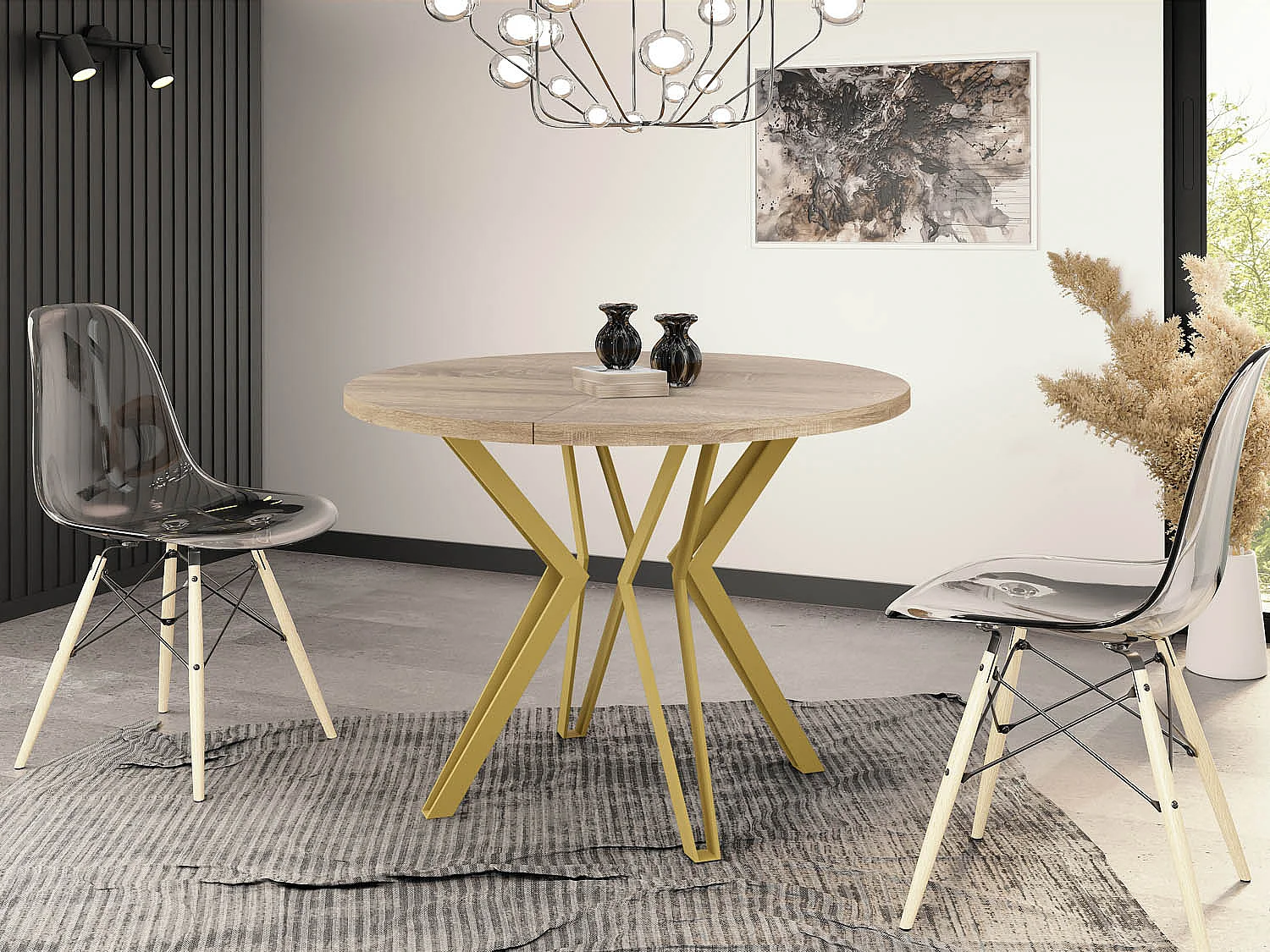 Table Ronde Salle à Manger - 100/176 cm de Diamètre - Table à Rallonges Avec Pieds en Métal Doré - Style Industriel - Compacte - Chêne Sonoma