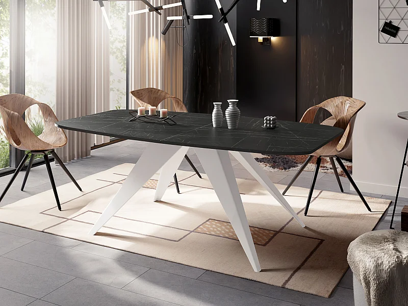 Table à Manger Extensible Style Loft - Table Industrielle avec Pieds Métalliques Blancs - Design Moderne pour Salon - 180 cm extensible à 220 cm - Marbre Noir