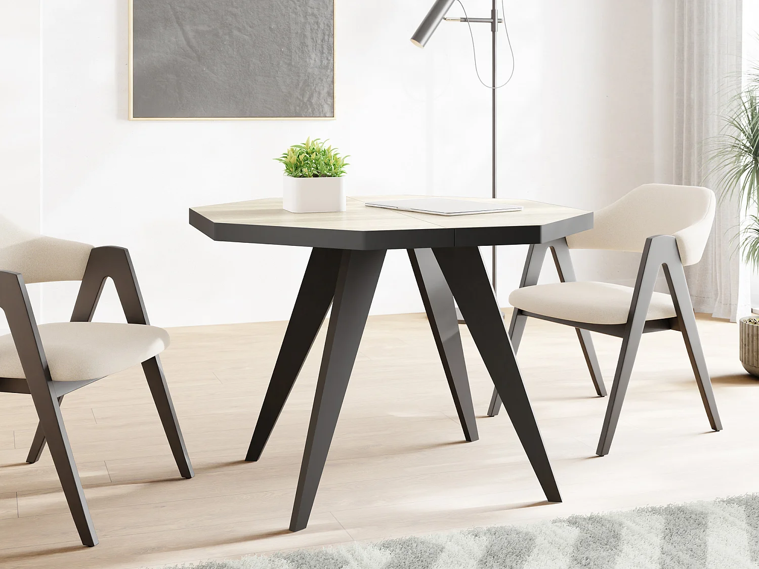 Moderner Runder Ausziehbarer Esstisch Diamond mit Schwarz Holzbeinen – Erweiterbar bis 150 cm, ideal für 4 bis 6 Personen - Loft-Stil Tisch für Küche - Sonoma Eiche