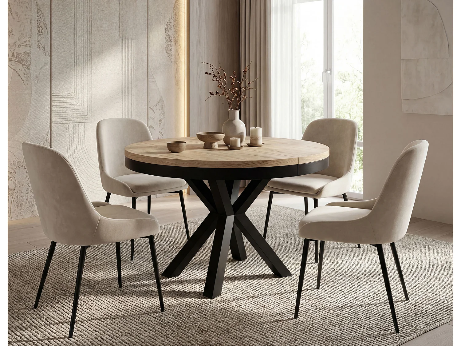 Runder Ausziehbarer Esstisch im Loft-Stil - Industrieller Tisch mit Schwarzen Metallbeinen - Platzsparender Tisch für Wohnzimmer - Sonoma Eiche - 120 bis 200 cm