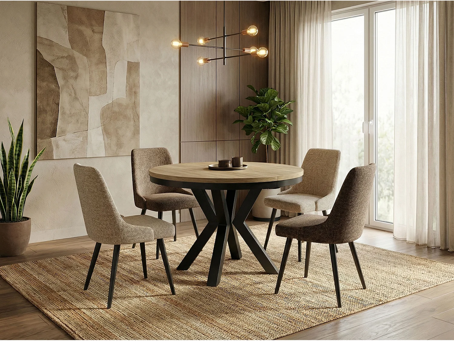 Runder Ausziehbarer Esstisch im Loft-Stil - Industrieller Tisch mit Schwarzen Metallbeinen - Platzsparender Tisch für Wohnzimmer - Sonoma Eiche - 120 bis 200 cm