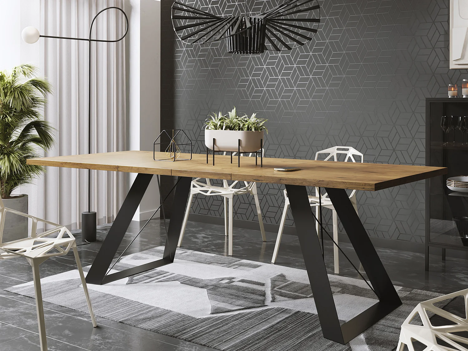 Esstisch Colter Schwarz im Modern Still, Rechteckig Tisch - Ausziehbar von 160 cm bis 260 cm, Pulverbeschichtete Weiße Metallbeine - 160 x 80 cm - Lancelot Eiche