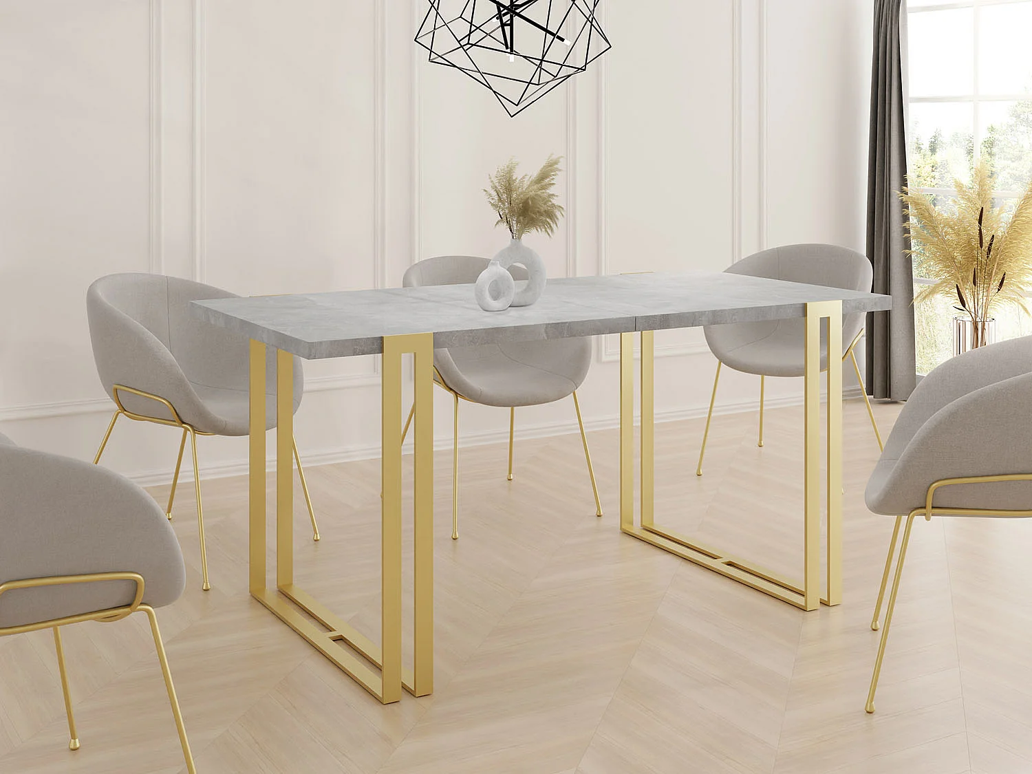 Ausziehbarer Esstisch - Großer Tisch im Loft-Stil mit Golden Metallbeinen 120 bis 220 cm - Industrietisch für das Wohnzimmer - Beton Grau - 120 x 80 cm