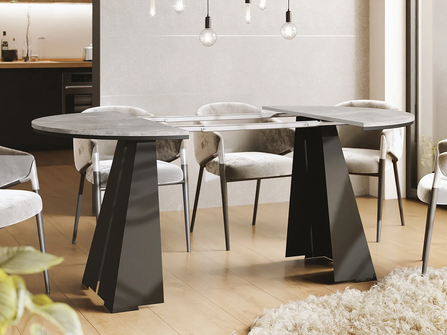 Table à Manger Ronde Extensible avec Piètement Métallique Noir - Table Industrielle Moderne pour Salle à Manger - 120 cm à 200 cm - Fabriqué en UE - Béton Gris