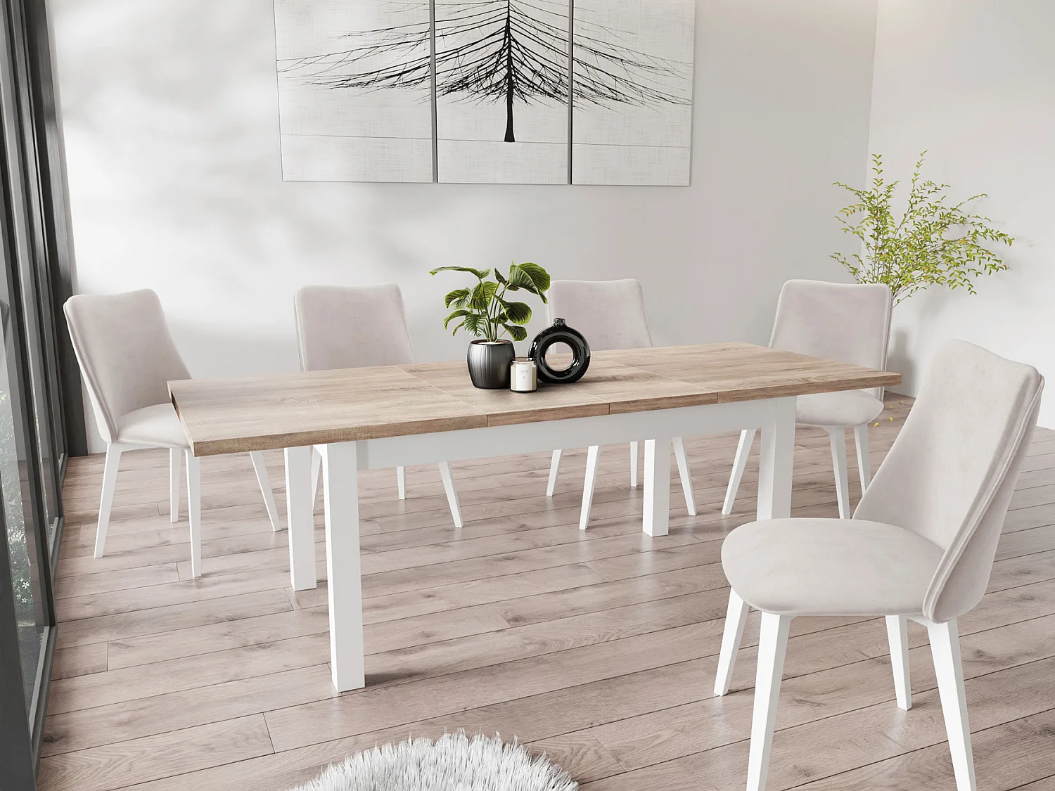 Moderner Rechteckiger Ausziehbarer Esstisch - Platzsparend - Weiße Holzbeine - 160 bis 240 cm - Hergestellt in EU - 160 x 90 cm - Sonoma Eiche