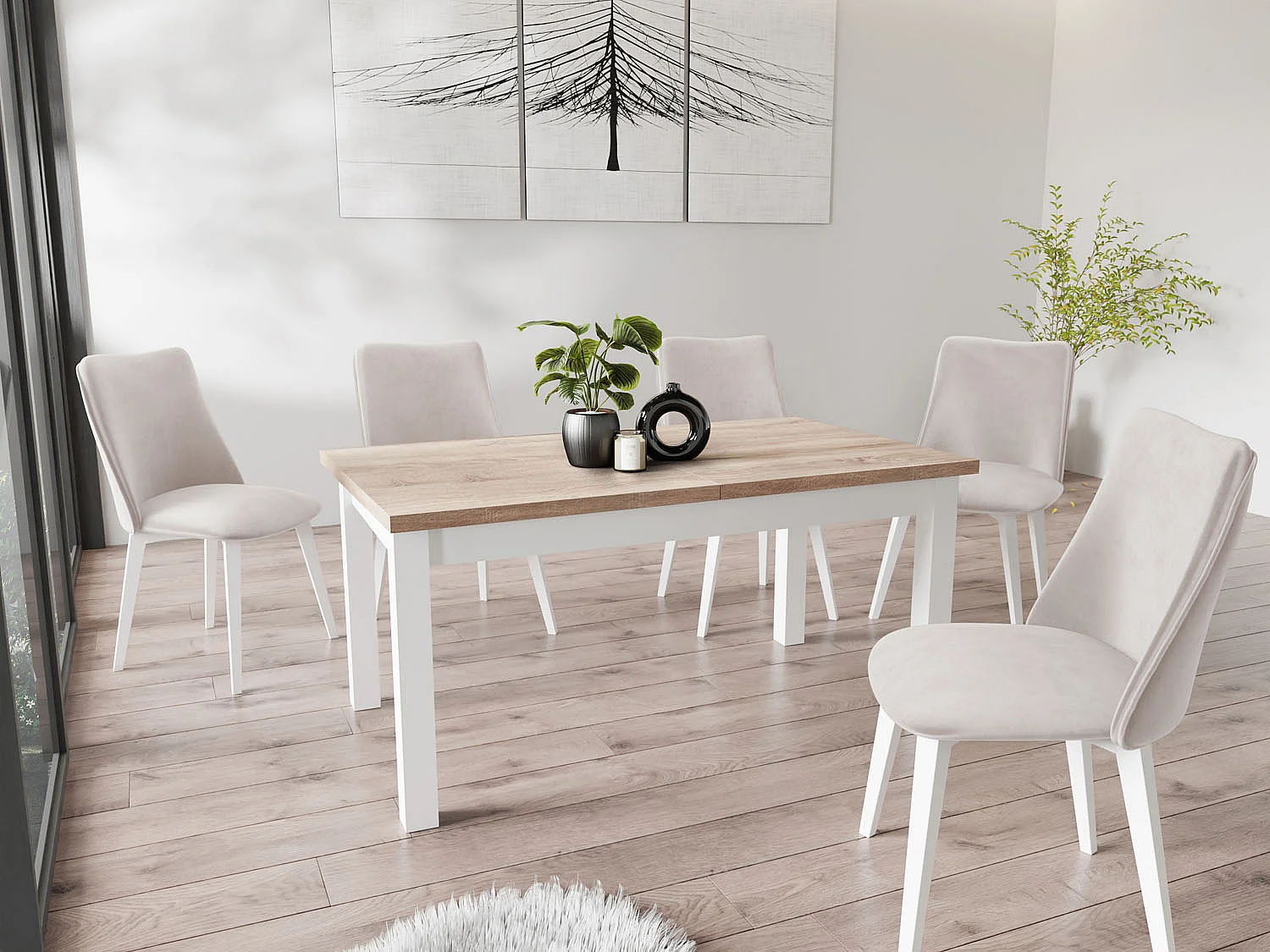 Moderner Rechteckiger Ausziehbarer Esstisch - Platzsparend - Weiße Holzbeine - 160 bis 240 cm - Hergestellt in EU - 160 x 90 cm - Sonoma Eiche