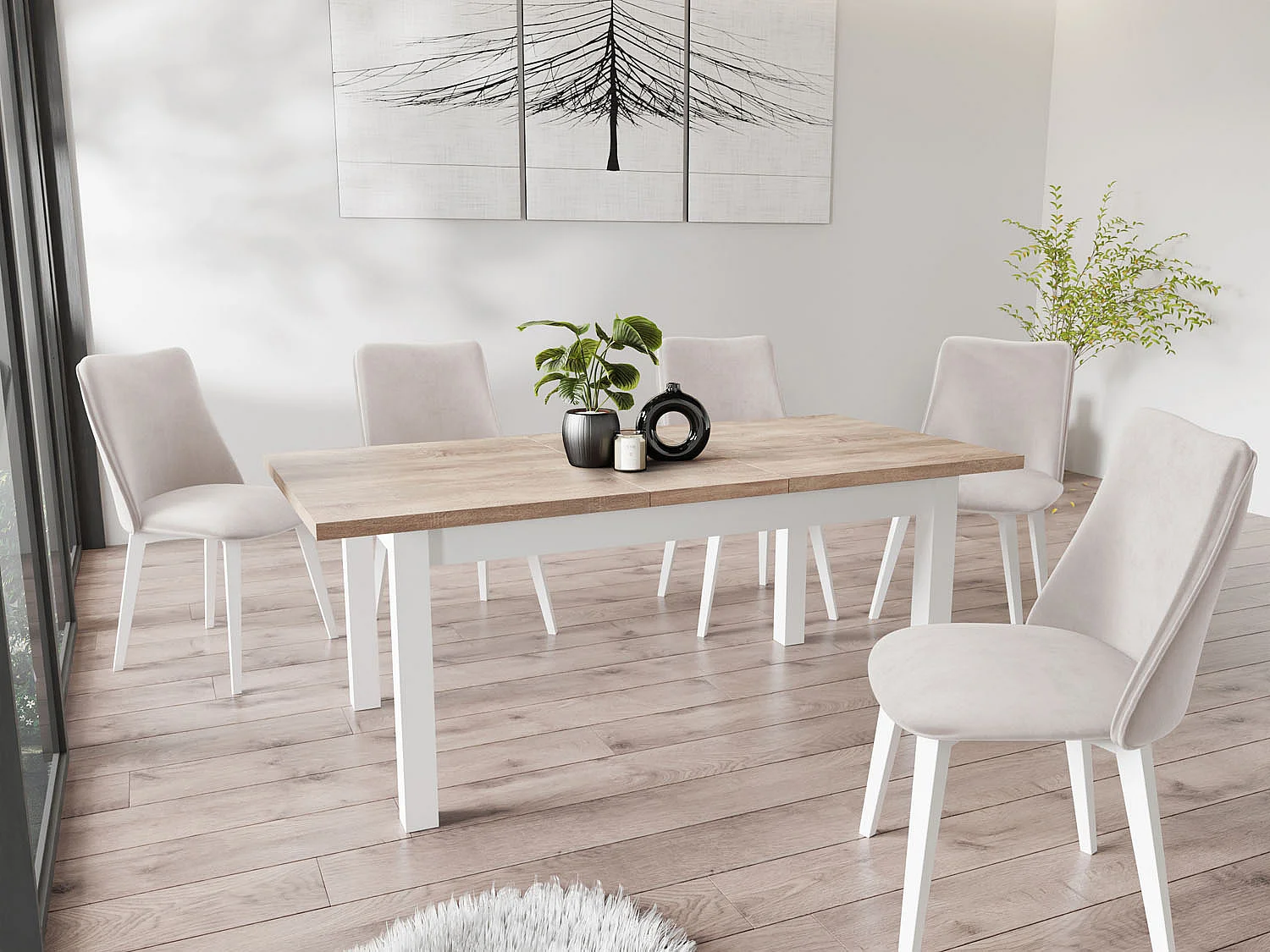 Moderner Rechteckiger Ausziehbarer Esstisch - Platzsparend - Weiße Holzbeine - 160 bis 240 cm - Hergestellt in EU - 160 x 90 cm - Sonoma Eiche