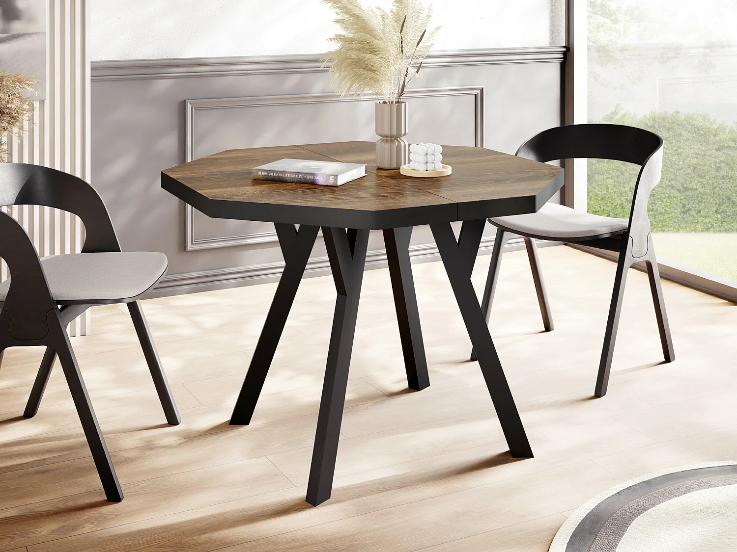 Table à Manger Extensible Moderne avec Pieds Noirs - Plateau en Panneau Stratifié, Style Loft - Arvadonna Châtaigne - 100/200