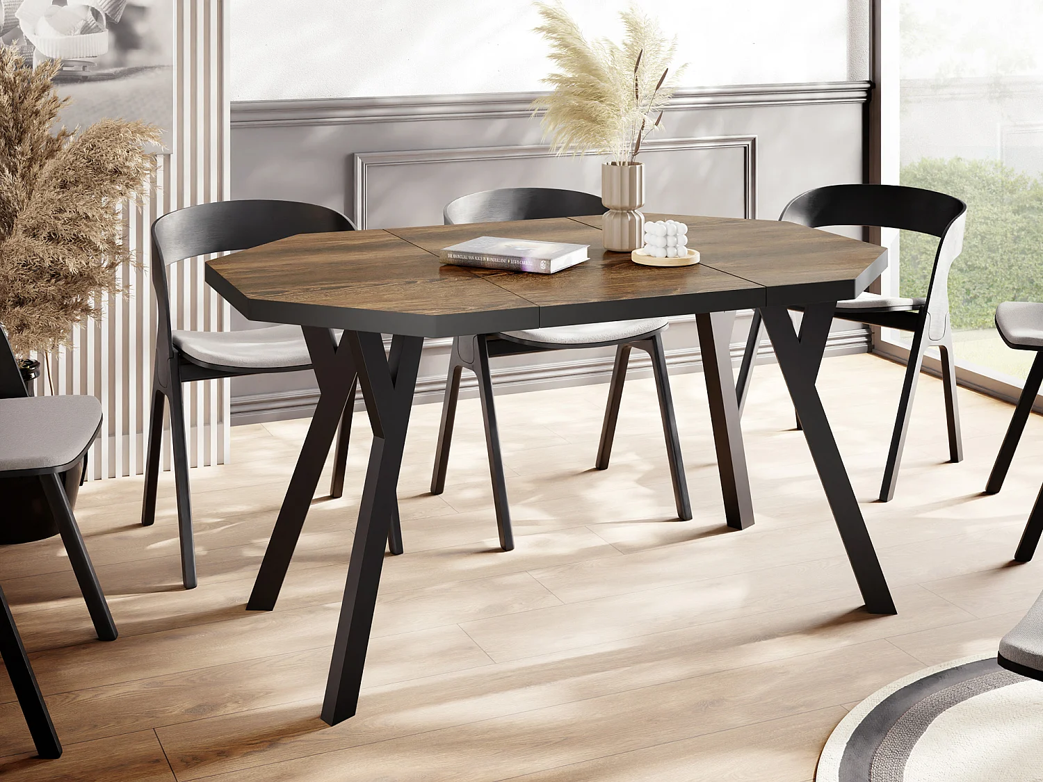 Table à Manger Extensible Moderne avec Pieds Noirs - Plateau en Panneau Stratifié, Style Loft - Arvadonna Châtaigne - 100/200