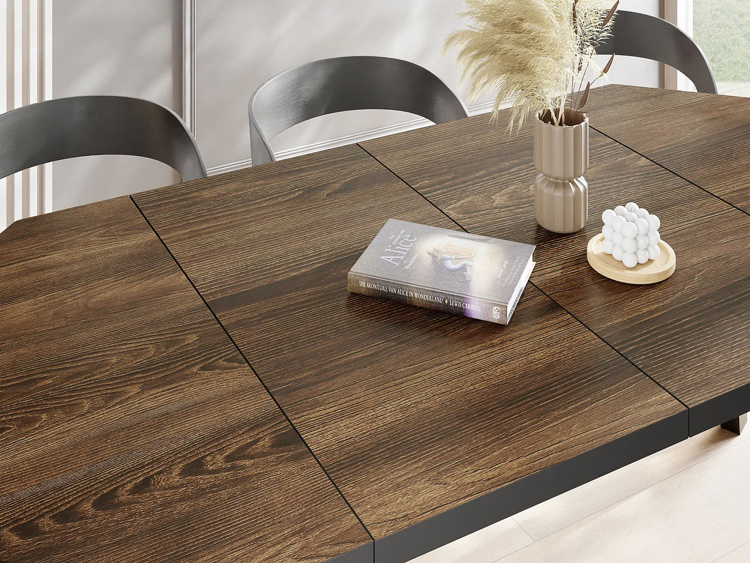 Table à Manger Extensible Moderne avec Pieds Noirs - Plateau en Panneau Stratifié, Style Loft - Arvadonna Châtaigne - 100/200