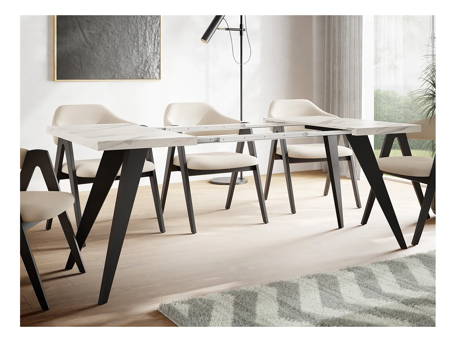 Quadratischer Ausziehbarer Esstisch Quadro 100-200 cm - Industrial Esszimmertisch mit Schwarzen Holzbeinen für 4-8 Personen - Loft-Stil Küchentisch - Marmor Weiß