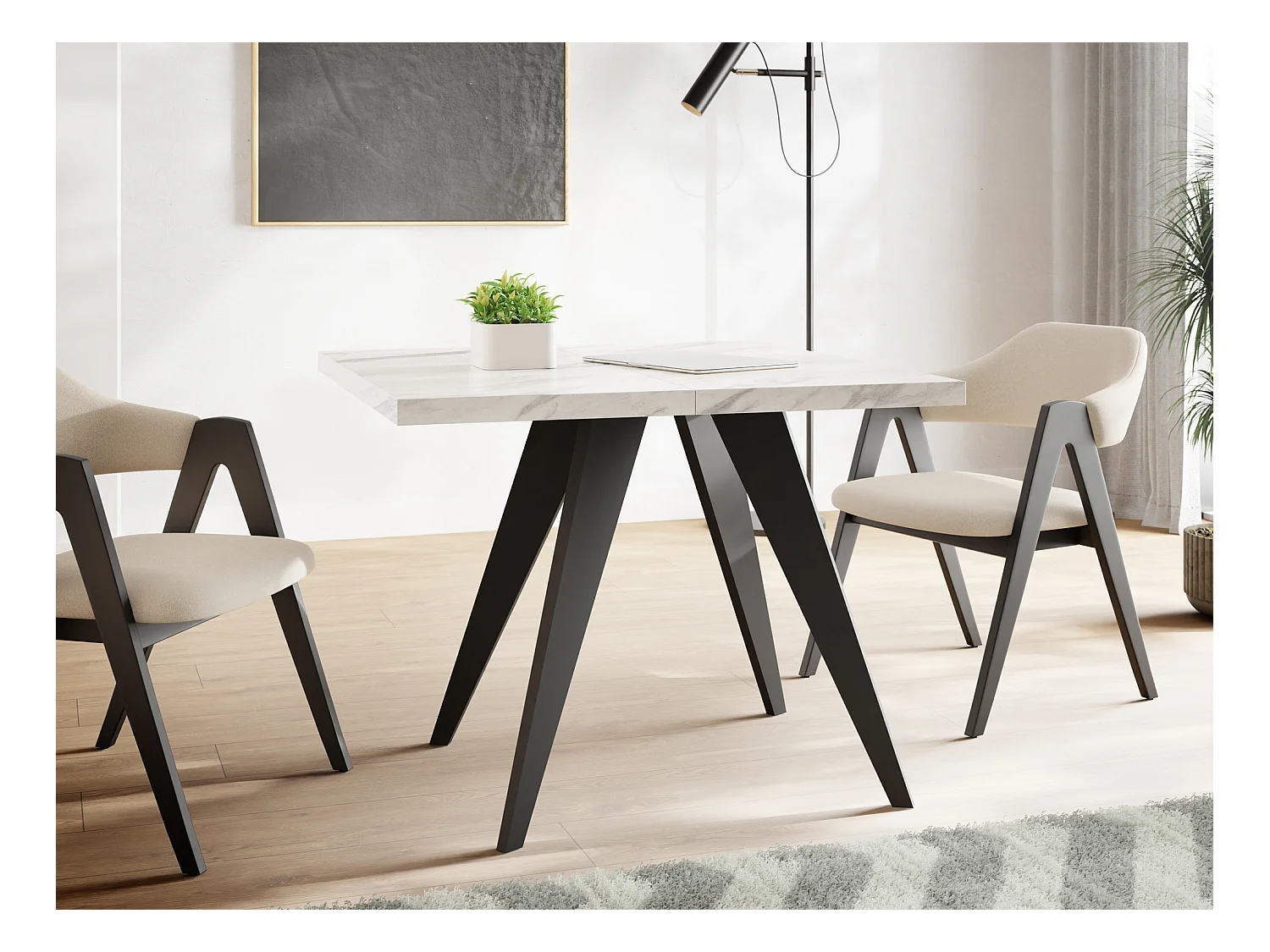 Table à Manger Carrée Extensible Quadro 100-200 cm - Table de Salle à Manger Industrielle avec Pieds Noirs pour 4-8 Personnes - Style Loft - Marbre Blanc