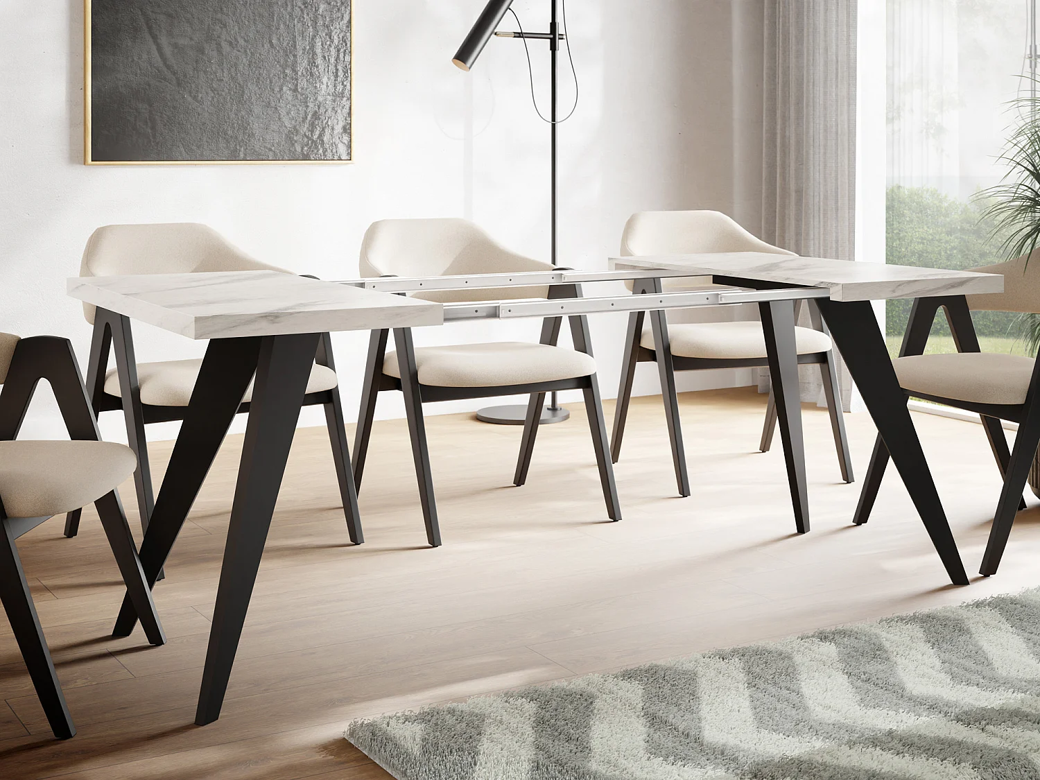 Table à Manger Carrée Extensible Quadro 100-200 cm - Table de Salle à Manger Industrielle avec Pieds Noirs pour 4-8 Personnes - Style Loft - Marbre Blanc