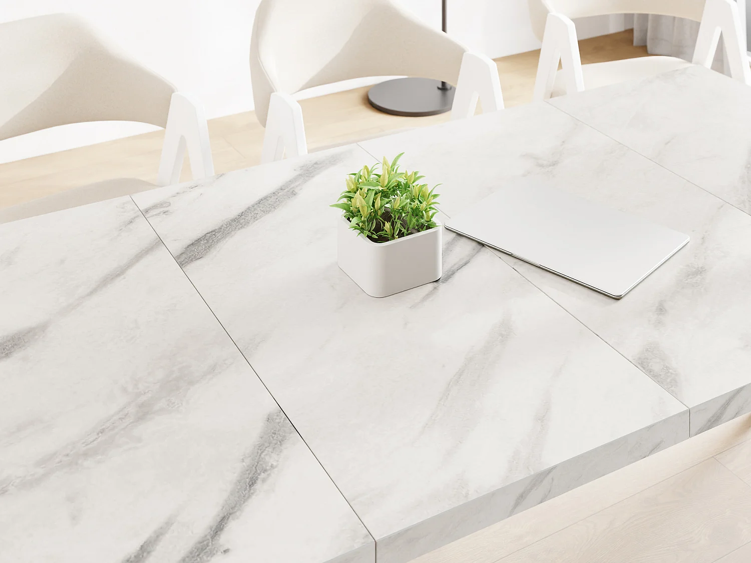 Table à Manger Carrée Extensible Quadro 100-200 cm - Table de Salle à Manger Industrielle avec Pieds Noirs pour 4-8 Personnes - Style Loft - Marbre Blanc