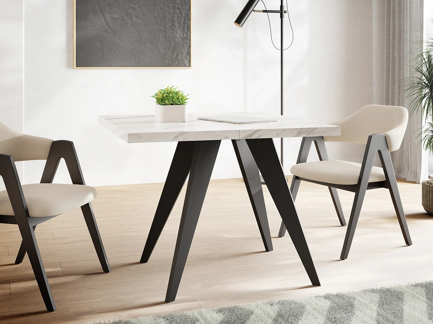 Quadratischer Ausziehbarer Esstisch Quadro 100-200 cm - Industrial Esszimmertisch mit Schwarzen Holzbeinen für 4-8 Personen - Loft-Stil Küchentisch - Marmor Weiß