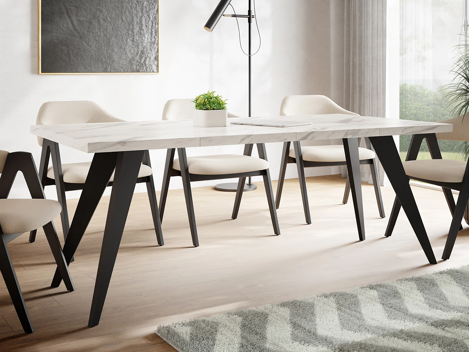Quadratischer Ausziehbarer Esstisch Quadro 100-200 cm - Industrial Esszimmertisch mit Schwarzen Holzbeinen für 4-8 Personen - Loft-Stil Küchentisch - Marmor Weiß