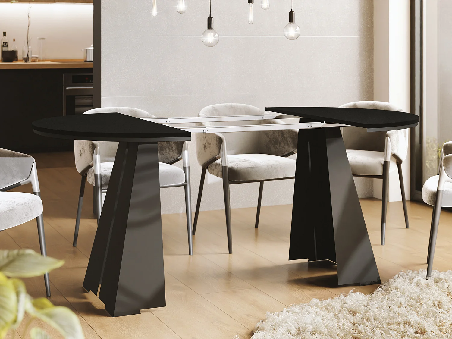 Runder Ausziehbarer Esstisch mit Schwarzem Metallgestell - Moderner Industrieller Tisch für Esszimmer oder Küche - 120 cm bis 200 cm - Made in EU - Schwarz