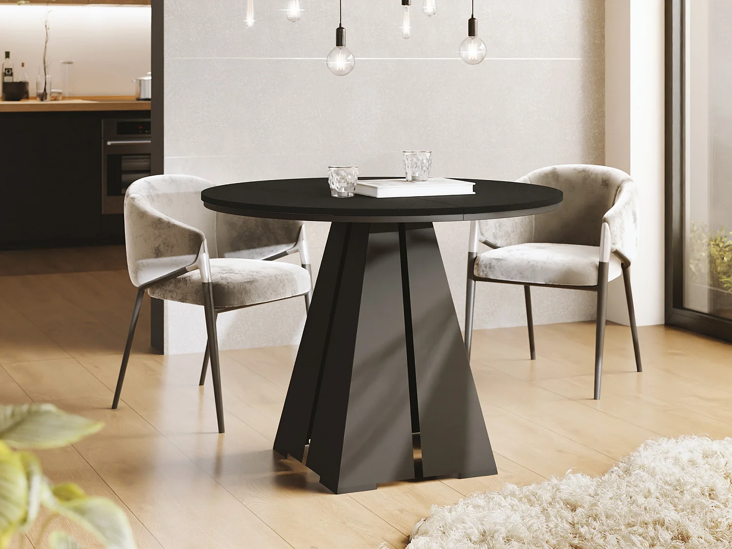 Runder Ausziehbarer Esstisch mit Schwarzem Metallgestell - Moderner Industrieller Tisch für Esszimmer oder Küche - 120 cm bis 200 cm - Made in EU - Schwarz