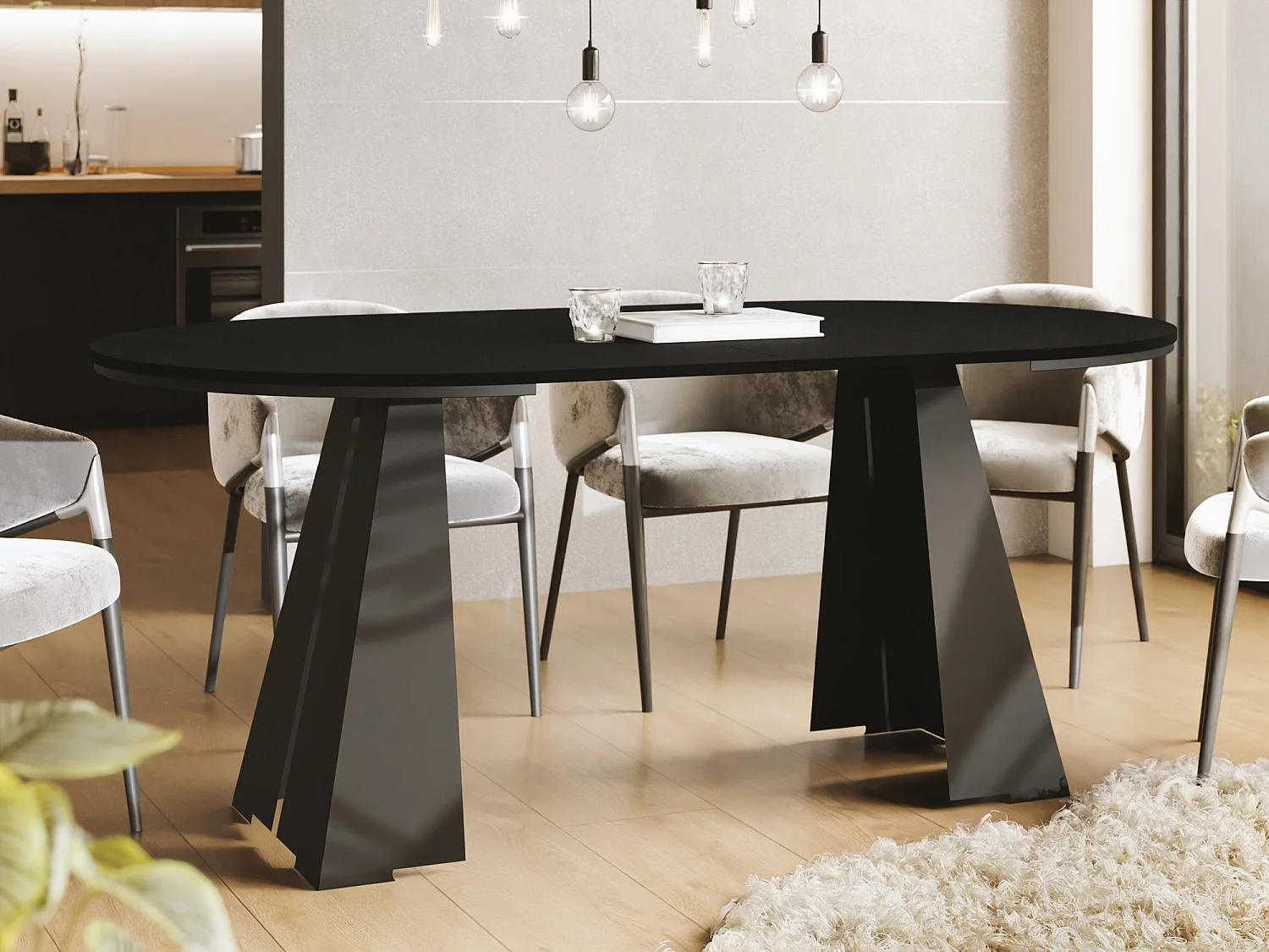 Runder Ausziehbarer Esstisch mit Schwarzem Metallgestell - Moderner Industrieller Tisch für Esszimmer oder Küche - 120 cm bis 200 cm - Made in EU - Schwarz