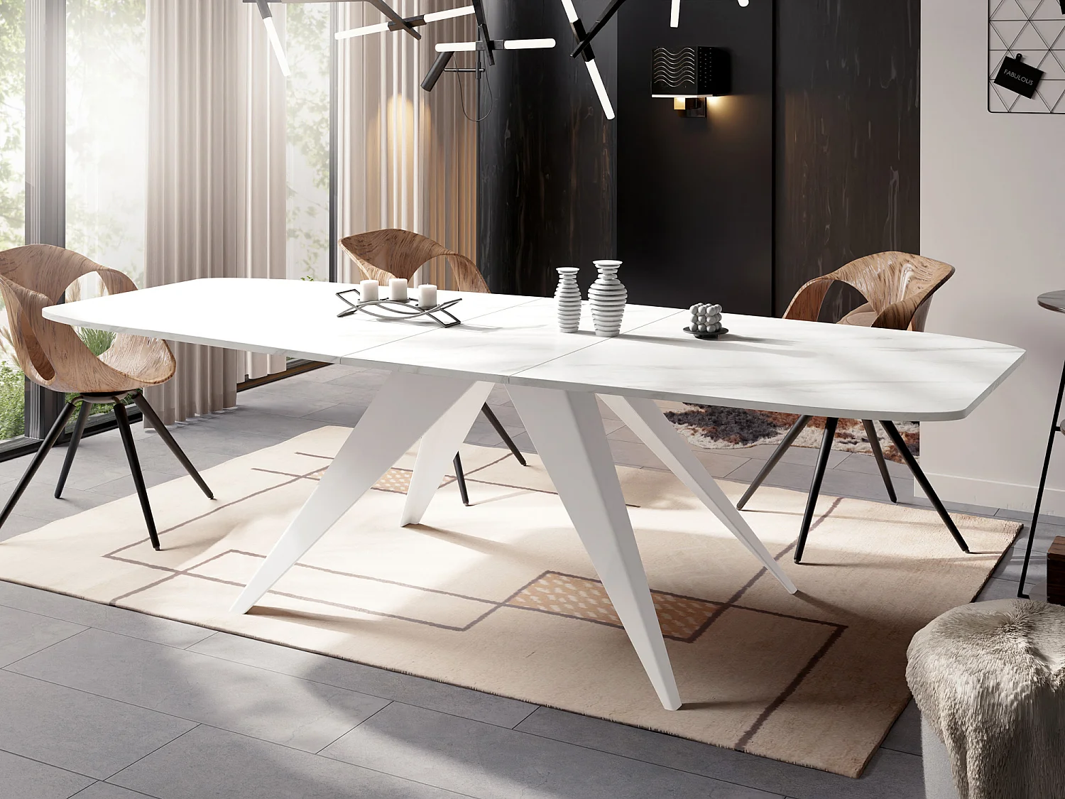 Ausziehbarer Esstisch im Loft-Stil - Industrieller Tisch mit Weißen Metallbeinen - Modernes Design für Wohnzimmer - 160 cm Ausziehbar auf 200 cm - Marmor Weiß