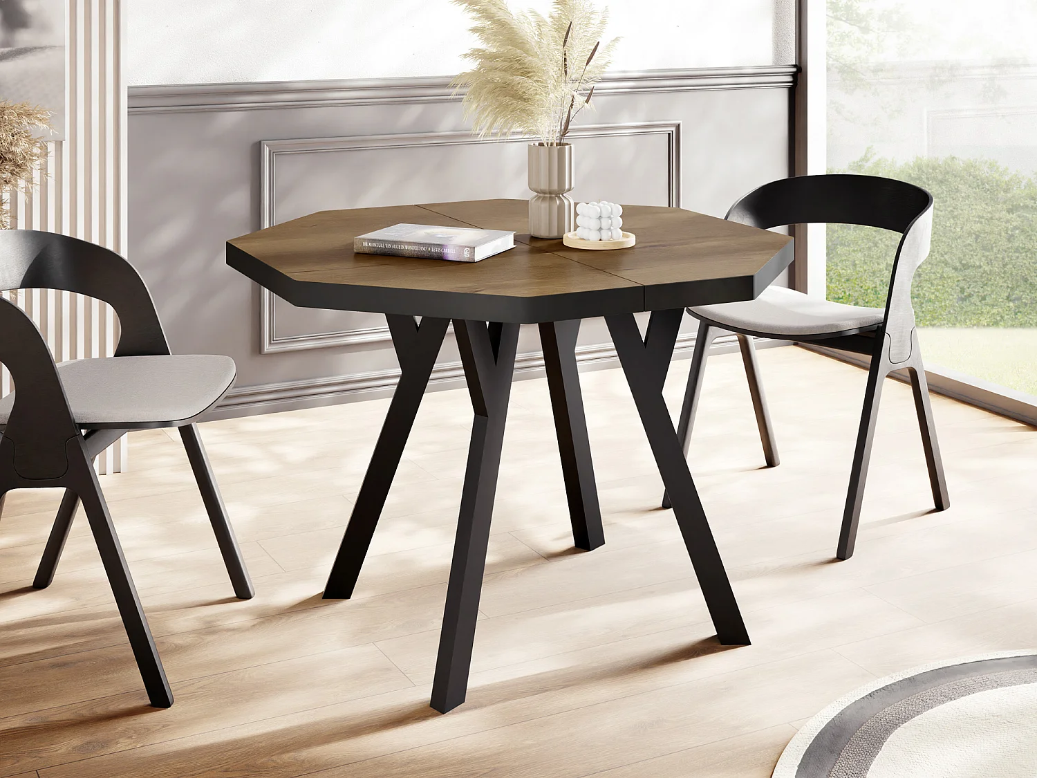 Moderner Runder Ausziehbarer Esstisch Desmond mit Schwarz Holzbeinen – Erweiterbar bis 200 cm, Ideal für 4 bis 8 Personen - Loft-Stil Tisch für Küche - Lefkas Eiche