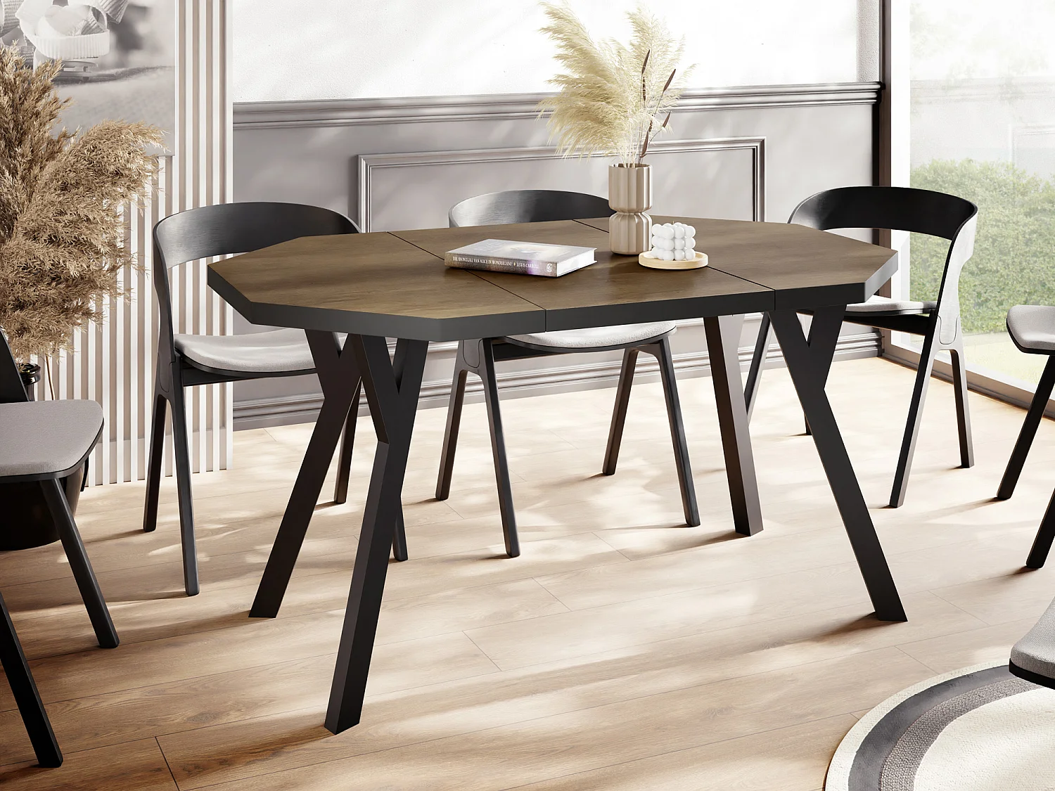 Moderner Runder Ausziehbarer Esstisch Desmond mit Schwarz Holzbeinen – Erweiterbar bis 200 cm, Ideal für 4 bis 8 Personen - Loft-Stil Tisch für Küche - Lefkas Eiche