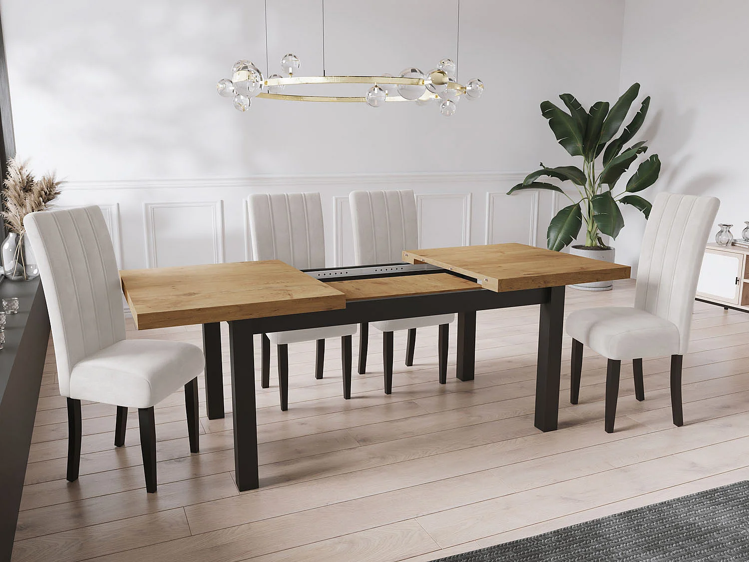 Moderner Rechteckiger Ausziehbarer Esstisch - Platzsparend - Schwarze Holzbeine - 140 bis 180 cm - Hergestellt in EU - 140 x 80 cm - Lancelot Eiche