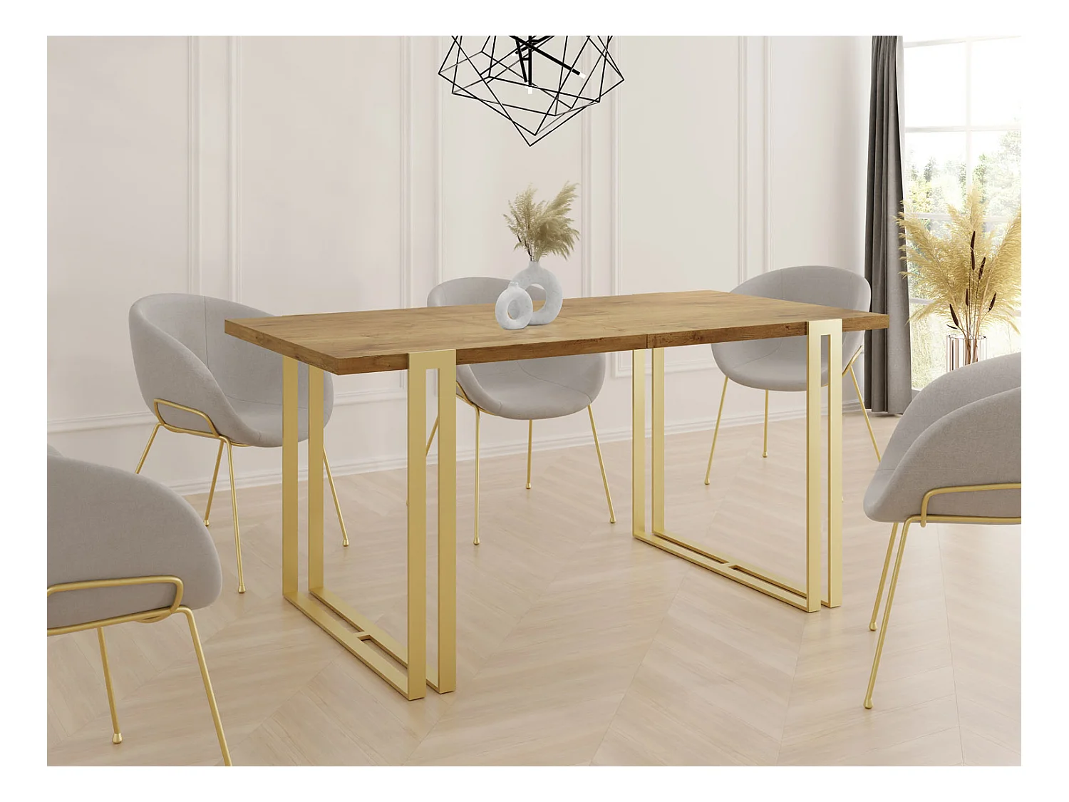 Ausziehbarer Esstisch - Großer Tisch im Loft-Stil mit Golden Metallbeinen 140 bis 240 cm - Industrietisch für das Wohnzimmer - Lancelot Eiche -140 x 80 cm