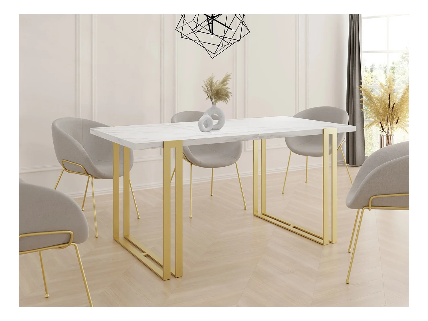 Ausziehbarer Esstisch - Großer Tisch im Loft-Stil mit Goldenen Metallbeinen 120 bis 220 cm - Industrietisch für das Wohnzimmer - Marmor Weiß - 120 x 80 cm