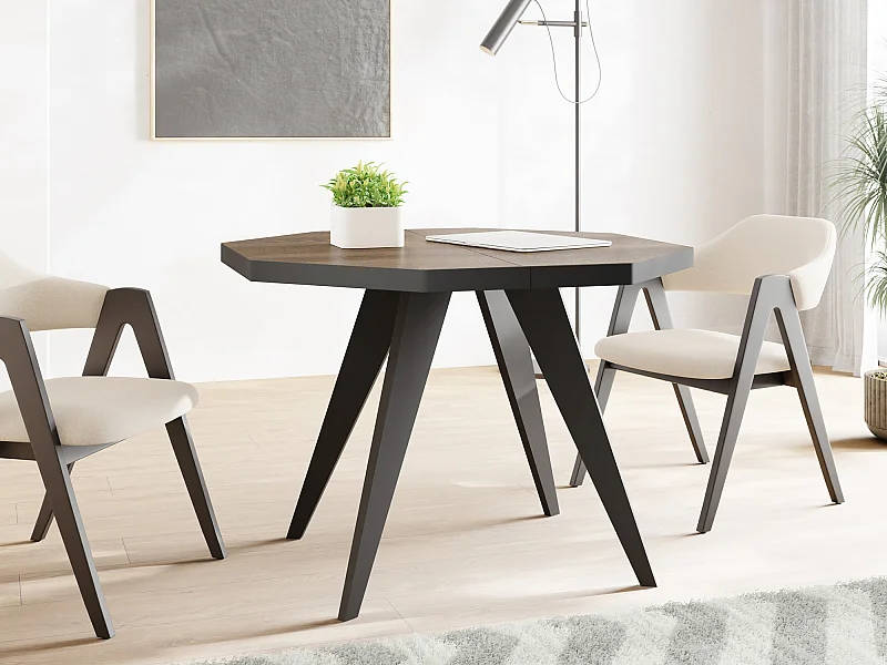 Moderner Runder Ausziehbarer Esstisch Diamond mit Schwarz Holzbeinen – Erweiterbar bis 150 cm, ideal für 4 bis 6 Personen - Loft-Stil Tisch  - Arvadonna Chestnut
