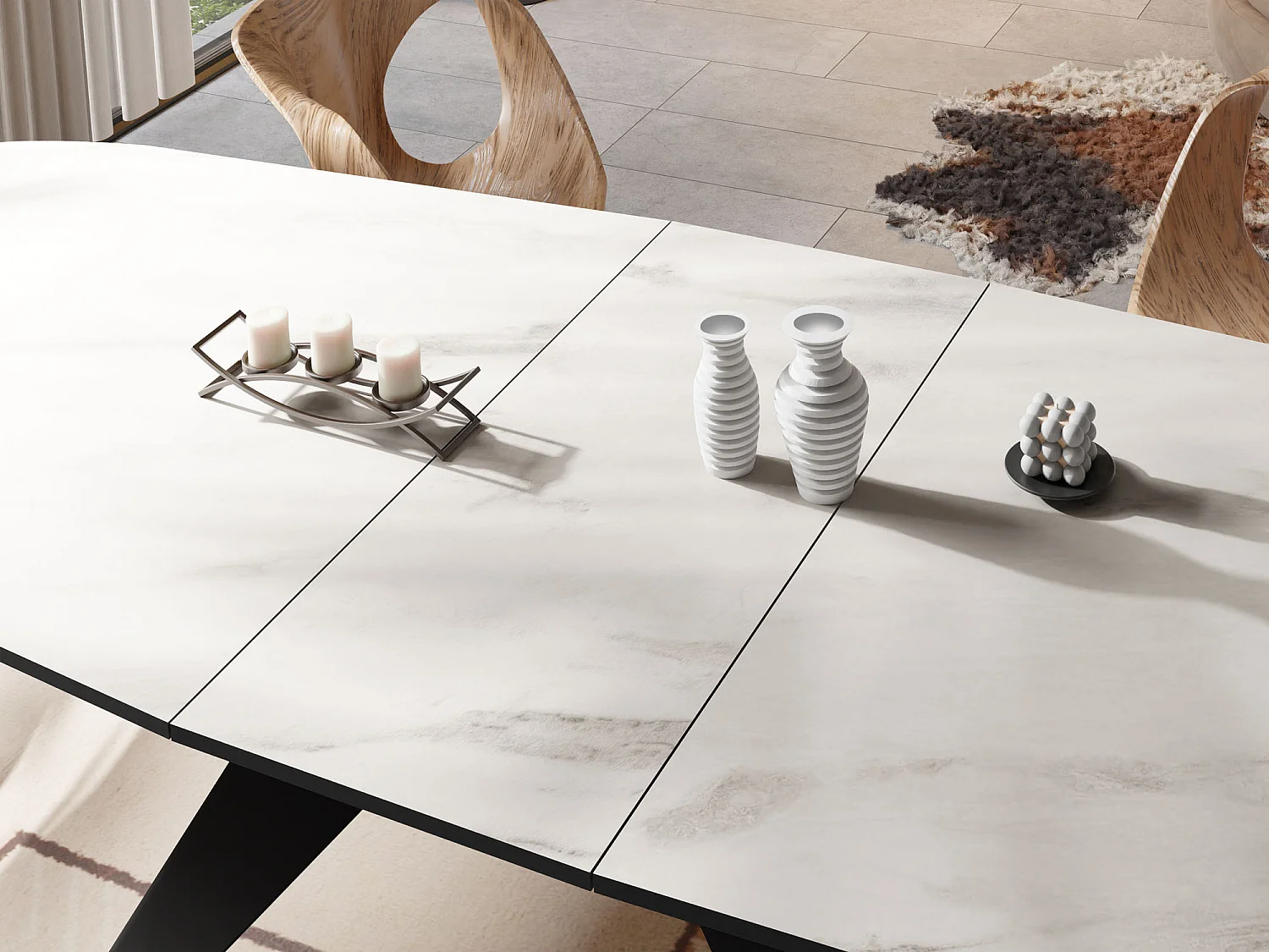 Table à Manger Extensible Style Loft - Table Industrielle avec Pieds Métalliques Noirs - Design Moderne pour Salon - 180 cm extensible à 220 cm - Marbre Blanc