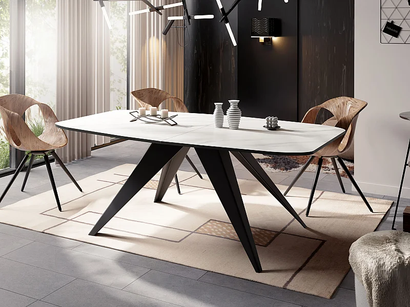 Ausziehbarer Esstisch im Loft-Stil - Industrieller Tisch mit Schwarzen Metallbeinen - Modernes Design für Wohnzimmer - 180 cm Ausziehbar auf 220 cm - Marmor Weiß