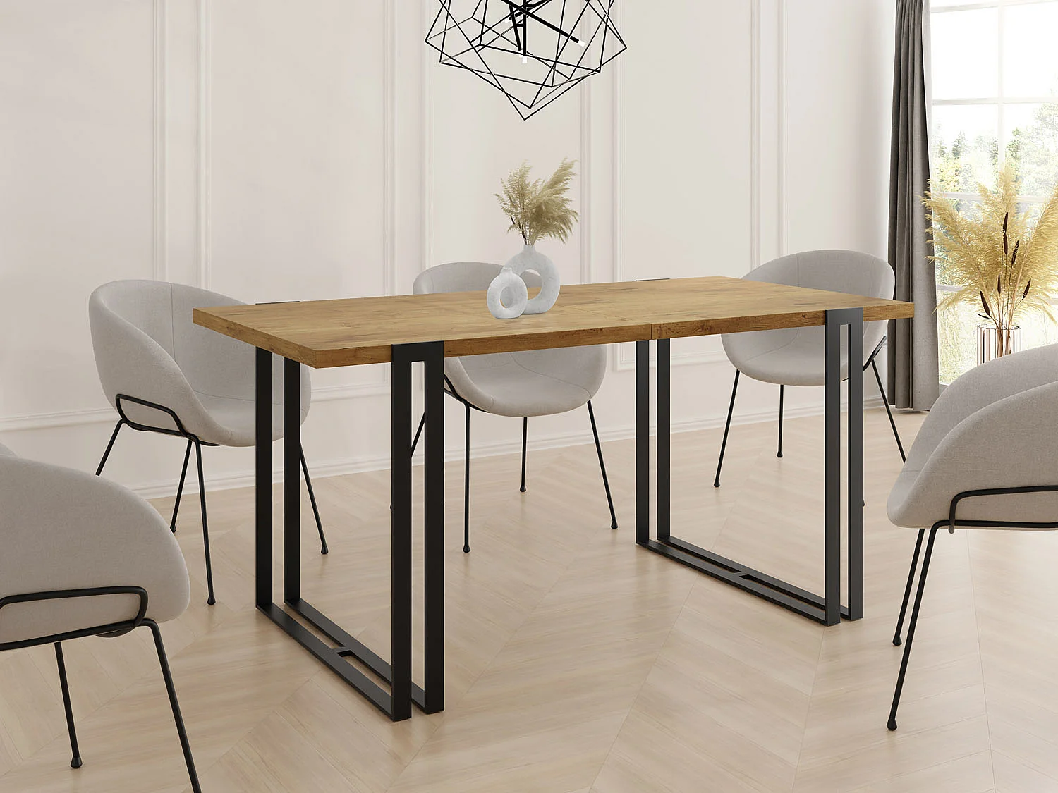 Ausziehbarer Esstisch - Großer Tisch im Loft-Stil mit Schwarze Metallbeinen 140 bis 240 cm - Industrietisch für das Wohnzimmer  - Lancelot Eiche - 140 x 80 cm