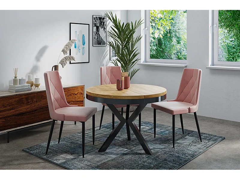 Table à manger ronde extensible style Loft - Grande table industrielle avec pieds en métal - Gain de place pour salon et séjour - Chêne Craft - 100 à 140 cm