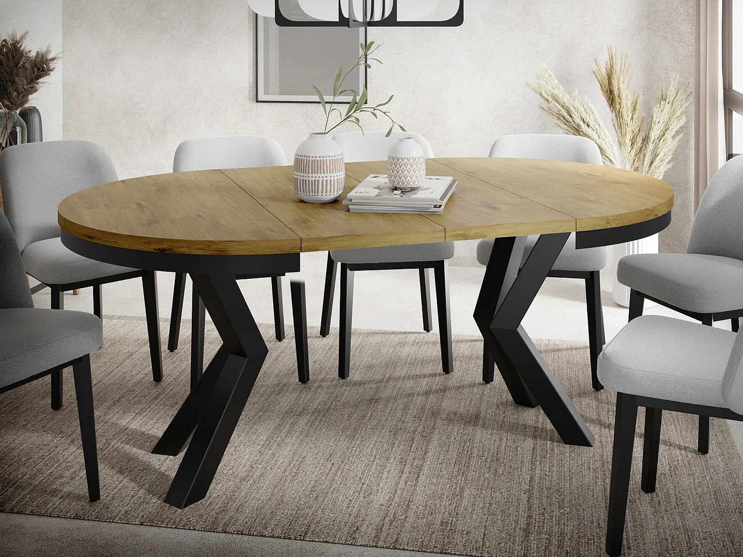 Runder Ausziehbarer Esstisch im Loft-Stil - Industrieller Tisch mit Schwarzen Metallbeinen - Platzsparender Tisch für Wohnzimmer - Lancelot Eiche - 100 bis 180 cm