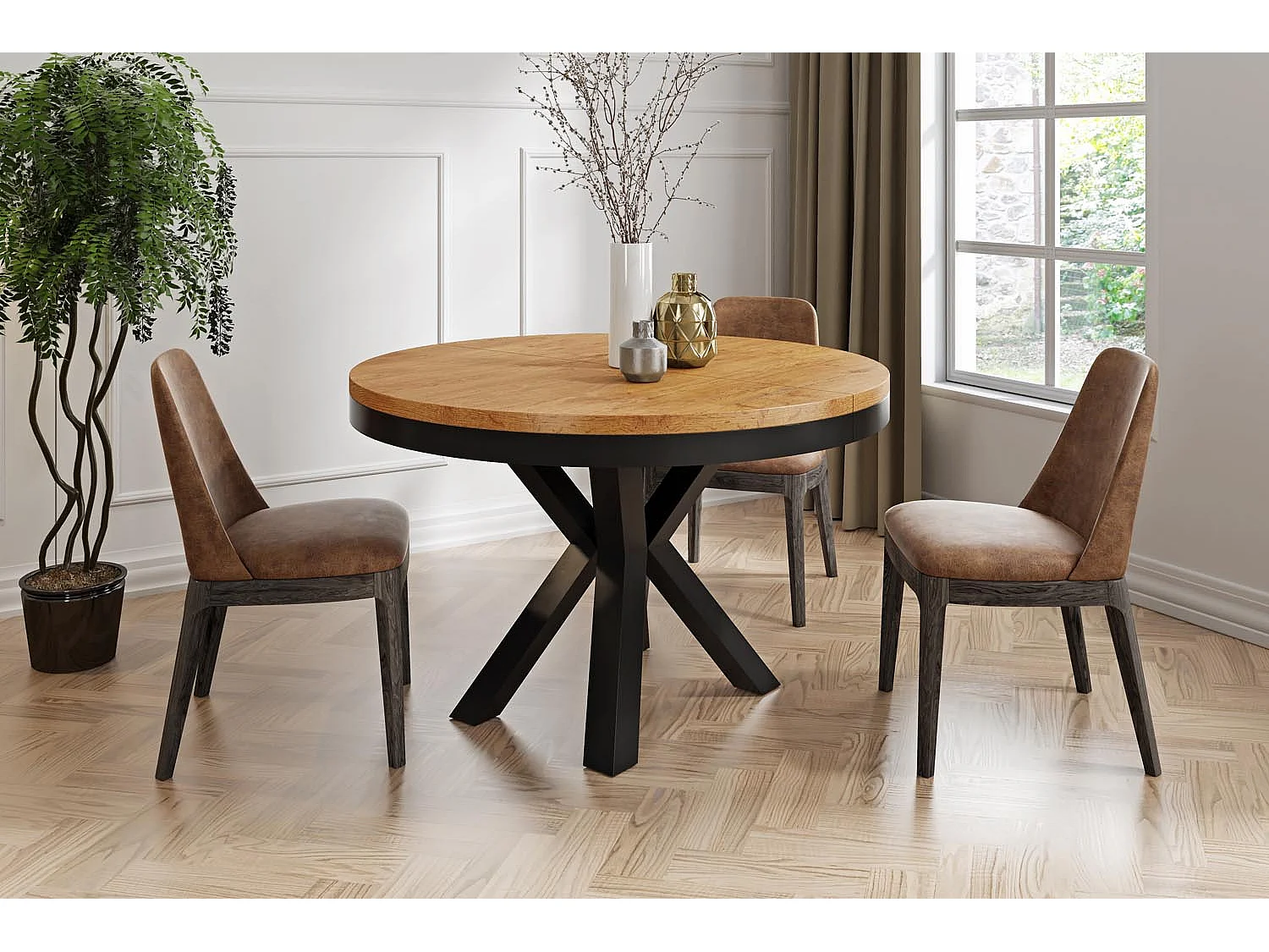 Runder Ausziehbarer Esstisch im Loft-Stil - Industrieller Tisch mit Schwarzen Metallbeinen - Platzsparender Tisch für Wohnzimmer - Lancelot Eiche - 100 bis 180 cm