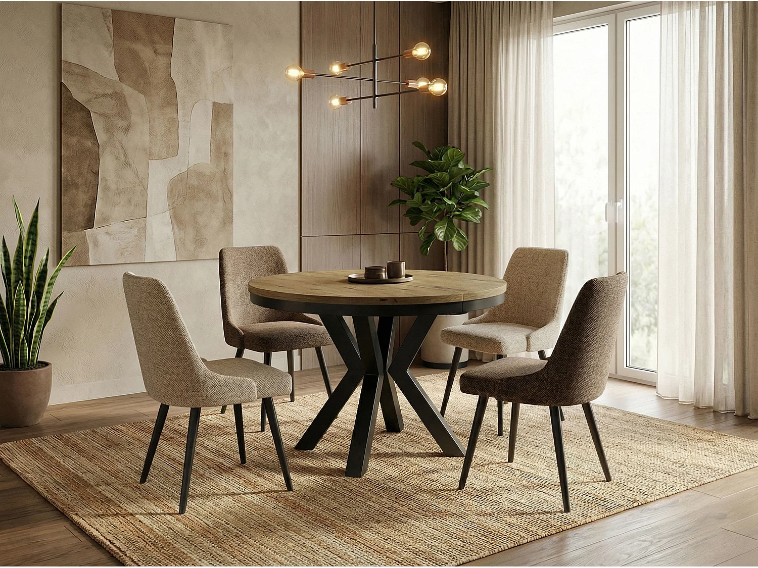 Runder Ausziehbarer Esstisch im Loft-Stil - Industrieller Tisch mit Schwarzen Metallbeinen - Platzsparender Tisch für Wohnzimmer - Lancelot Eiche - 100 bis 180 cm