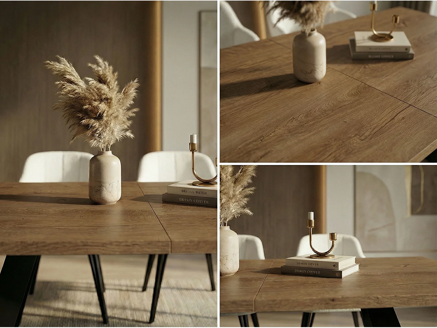 Esstisch Colter Schwarz im Modern Still, Rechteckig Tisch - Ausziehbar von 160 cm bis 260 cm, Pulverbeschichtete Weiße Metallbeine - 160 x 80 cm - Lefkas Eiche