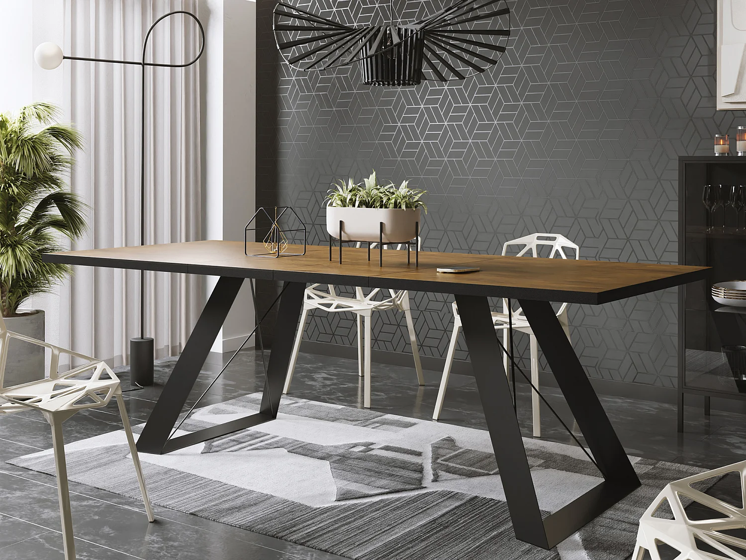 Esstisch Colter Schwarz im Modern Still, Rechteckig Tisch - Ausziehbar von 160 cm bis 260 cm, Pulverbeschichtete Weiße Metallbeine - 160 x 80 cm - Lefkas Eiche