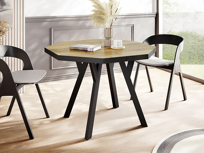 Table à Manger Extensible Moderne avec Pieds Noirs - Plateau en Panneau Stratifié, Style Loft - Chêne Wotan - 100/150