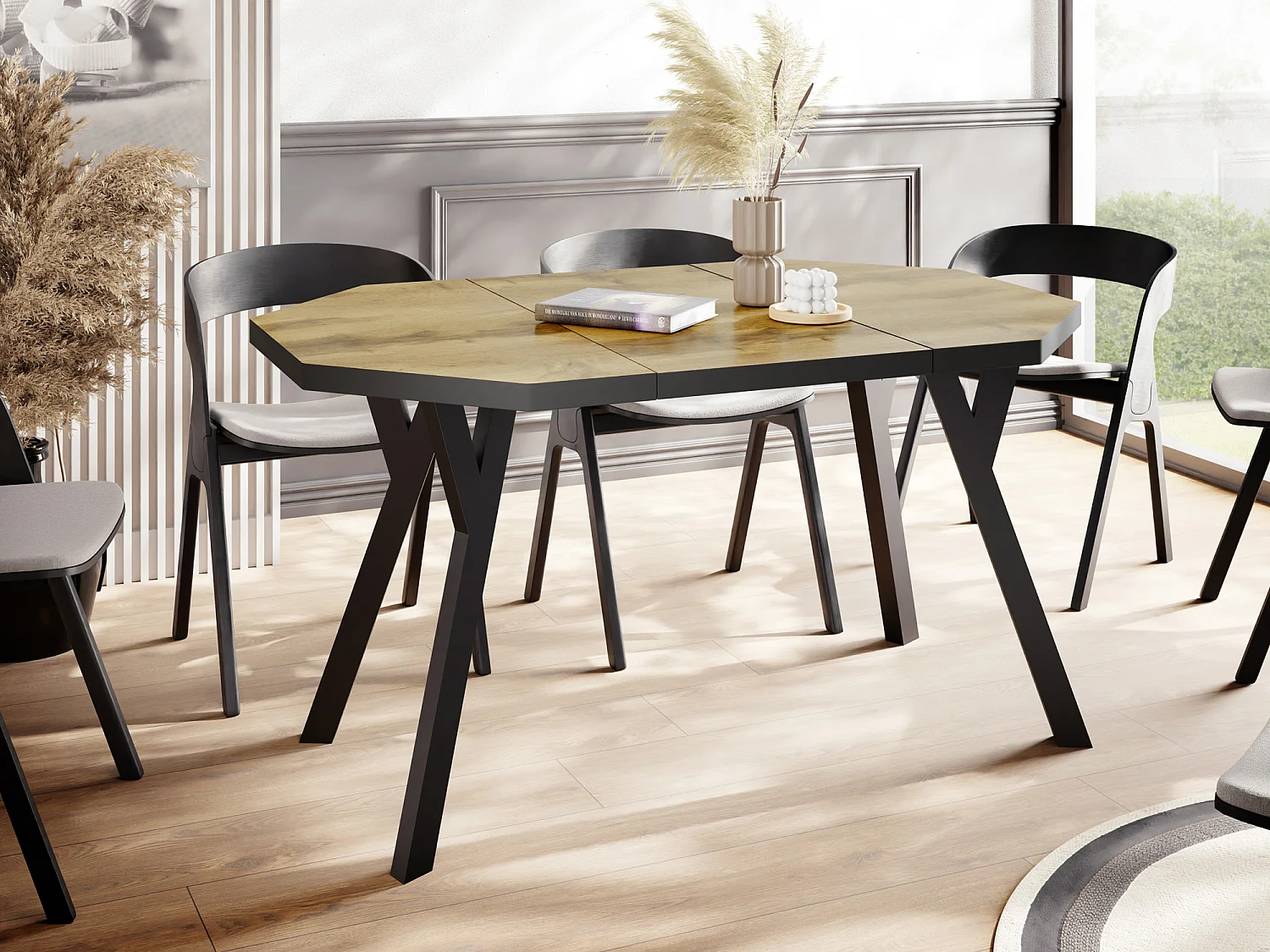 Moderner Runder Ausziehbarer Esstisch Desmond mit Schwarz Holzbeinen – Erweiterbar bis 200 cm, Ideal für 4 bis 8 Personen - Loft-Stil Tisch für Küche - Wotan Eiche