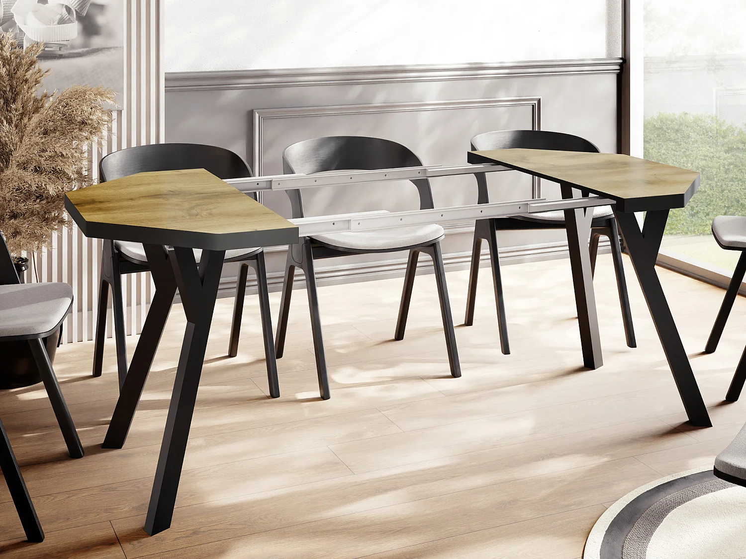 Moderner Runder Ausziehbarer Esstisch Desmond mit Schwarz Holzbeinen – Erweiterbar bis 200 cm, Ideal für 4 bis 8 Personen - Loft-Stil Tisch für Küche - Wotan Eiche