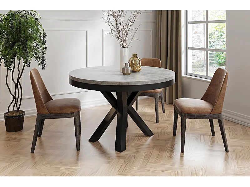 Table à Manger Ronde Extensible Style Loft – Table Industrielle avec Pieds en Métal Noir – Gain de Place pour Salon et Séjour – Gris Béton – 100 cm